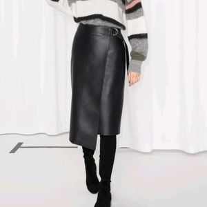 & Other Stories Black Leather Midi Skirt